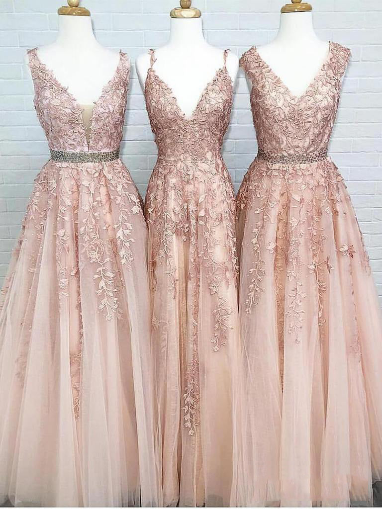 Shop the Stunning Champagne A-Line Applique Beaded V-Neck Sleeveless Tulle Prom Dress at JLDressCA Shop the Stunning Champagne A-Line Applique Beaded V-Neck Sleeveless Tulle Prom Dress at JLDressCA