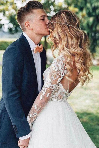 Lace Backless A-Line V-neck Long Sleeves Bridal Dress, WD2401298