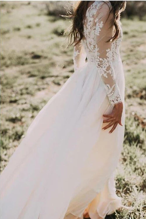 Rustic Ivory Beach Wedding Dress with Long Sleeves and Lace, WD2304266