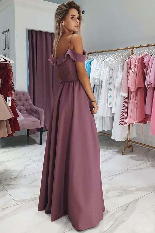 Trendy Pink Off-the-Shoulder Split Satin Prom Dresses, PD2308097
