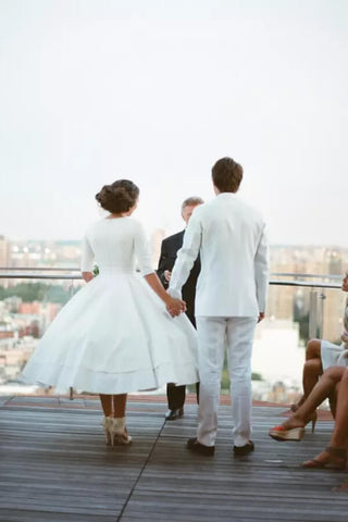 Modest A-line Taffeta Wedding Dress with V-Neck and Half Sleeves, Tea Length, WD2404123