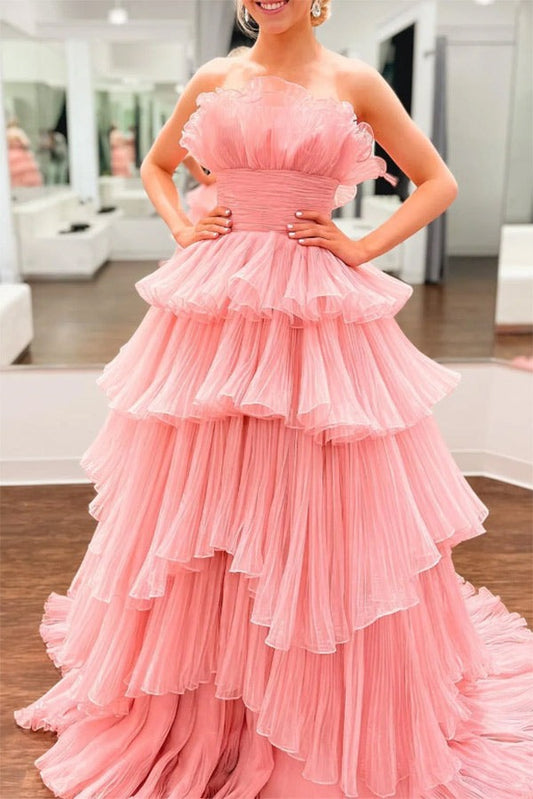 Pink A-Line Prom Dress - Strapless Formal Gown with Tailored Fit, PD2404093