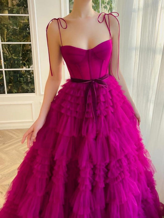 Sweetheart A Line Fuchsia Tiered Tulle Prom Dresses, PD25030