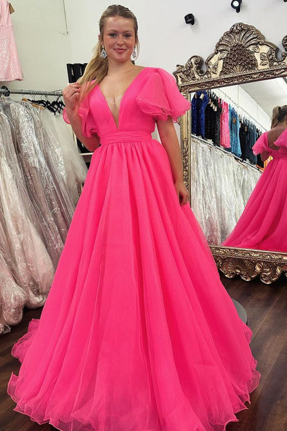 V Neck Pink Ball Gown Tulle Long Prom Dresses with Ruffled Sleeves, PD25069