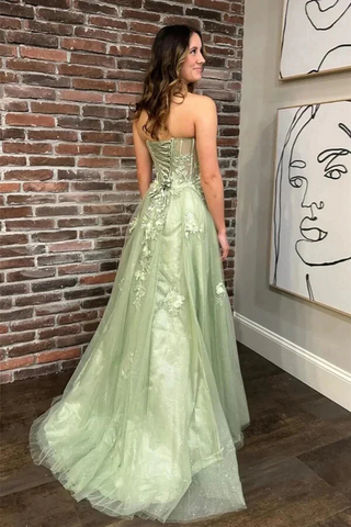Sage Green Sweetheart Neckline Floral Lace Tulle Long Prom Dresses, PD2404252