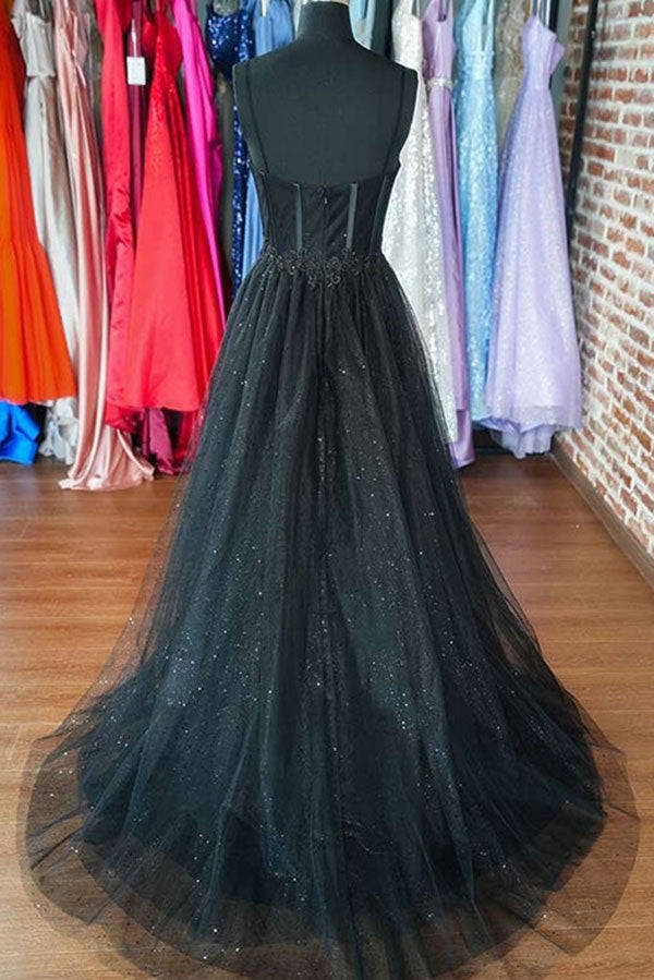 Black Evening Gown With Thigh High Slit - Sexy Tulle Prom Dress | JLDressCA Black Evening Gown With Thigh High Slit - Sexy Tulle Prom Dress | JLDressCA