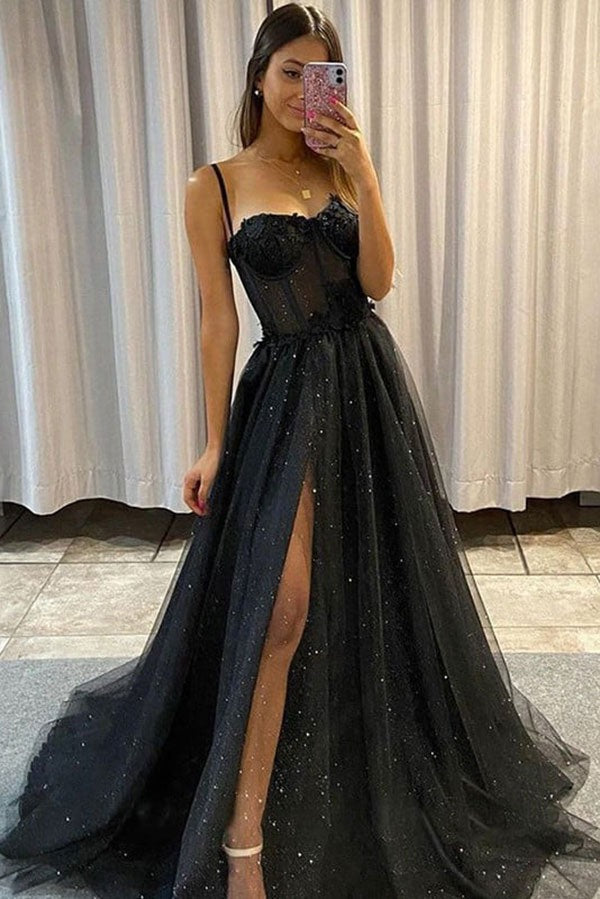 Black Evening Gown with Thigh-High Slit - Sexy Tulle Prom Dress, PD2404091