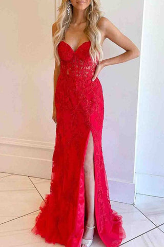 Strapless Prom Dress - Affordable Sexy Lace Dress with High Slit, PD2404094
