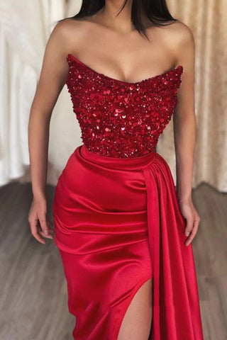 Red Sequined Strapless Prom Dress with High Slit and Corset, PD2404085