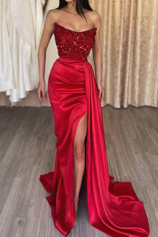 Red Sequined Strapless Prom Dress with High Slit and Corset, PD2404085
