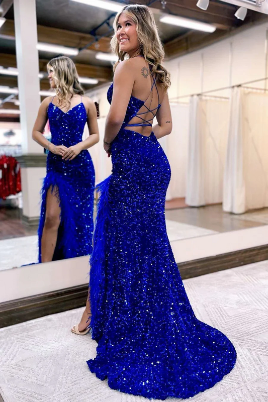 Shiny Sequins Feather Prom Dress Mermaid Long Evening Dress, PD2405015
