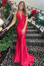 Simple Red Mermaid Prom Dresses with V-Neck and Backless Design, PD2404253