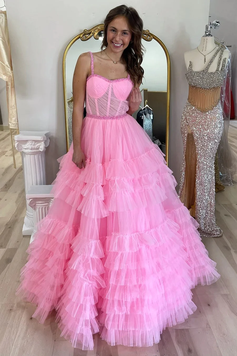 Tiered Ruffle Tulle Prom Dress with Beading, PD2404254