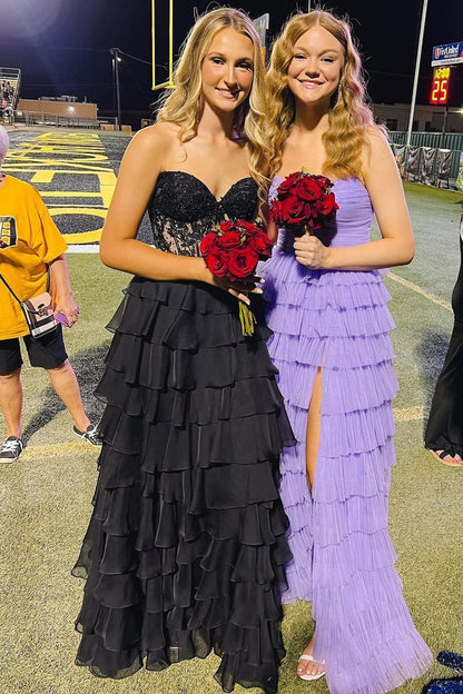 Sweetheart A Line Black Chiffon Tiered Long Prom Dresses with Slit, PD25045