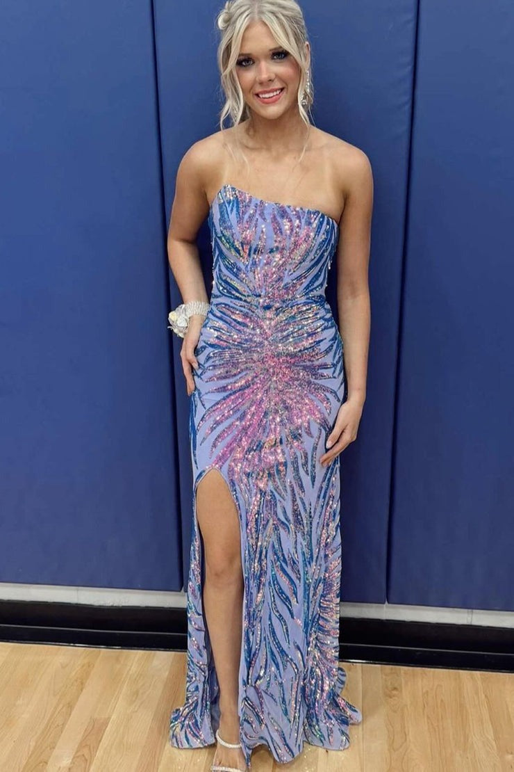 One Shoulder Mermaid Purple Sequins Long Prom Dresses with Slit, PD25046