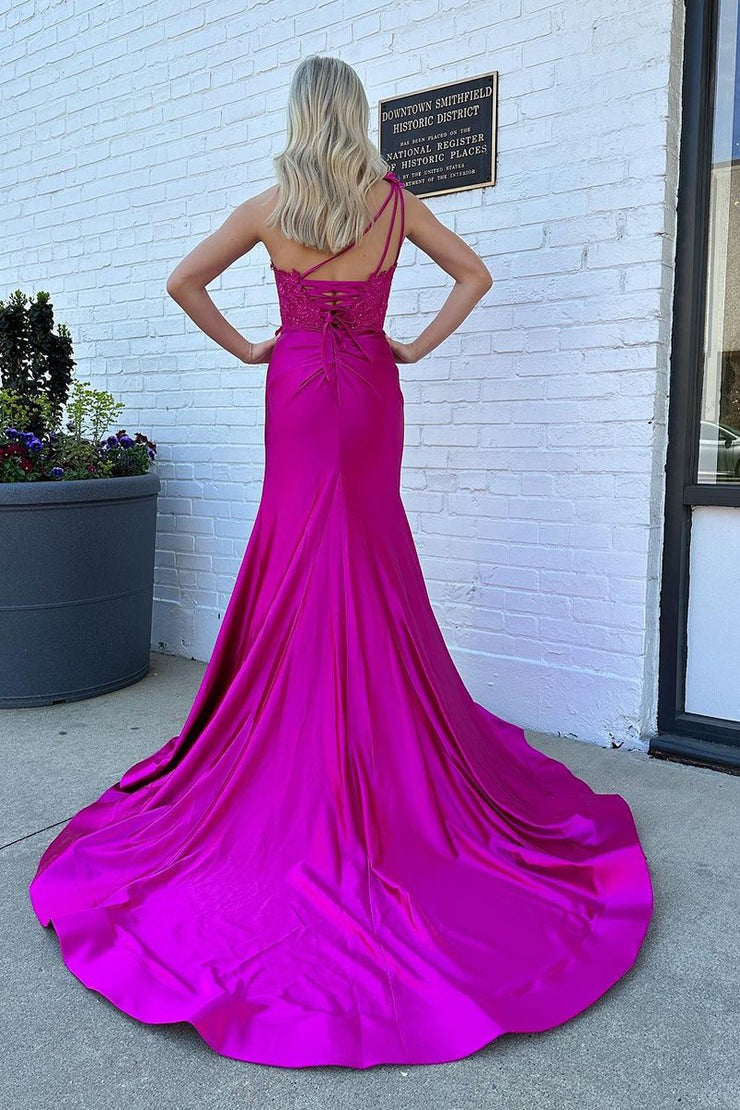 Satin One Shoulder Mermaid Long Prom Dress with Appliques, PD25216