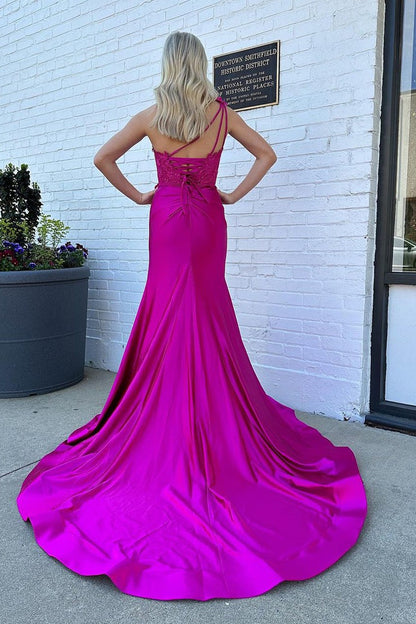 Satin One Shoulder Mermaid Long Prom Dress with Appliques, PD25216