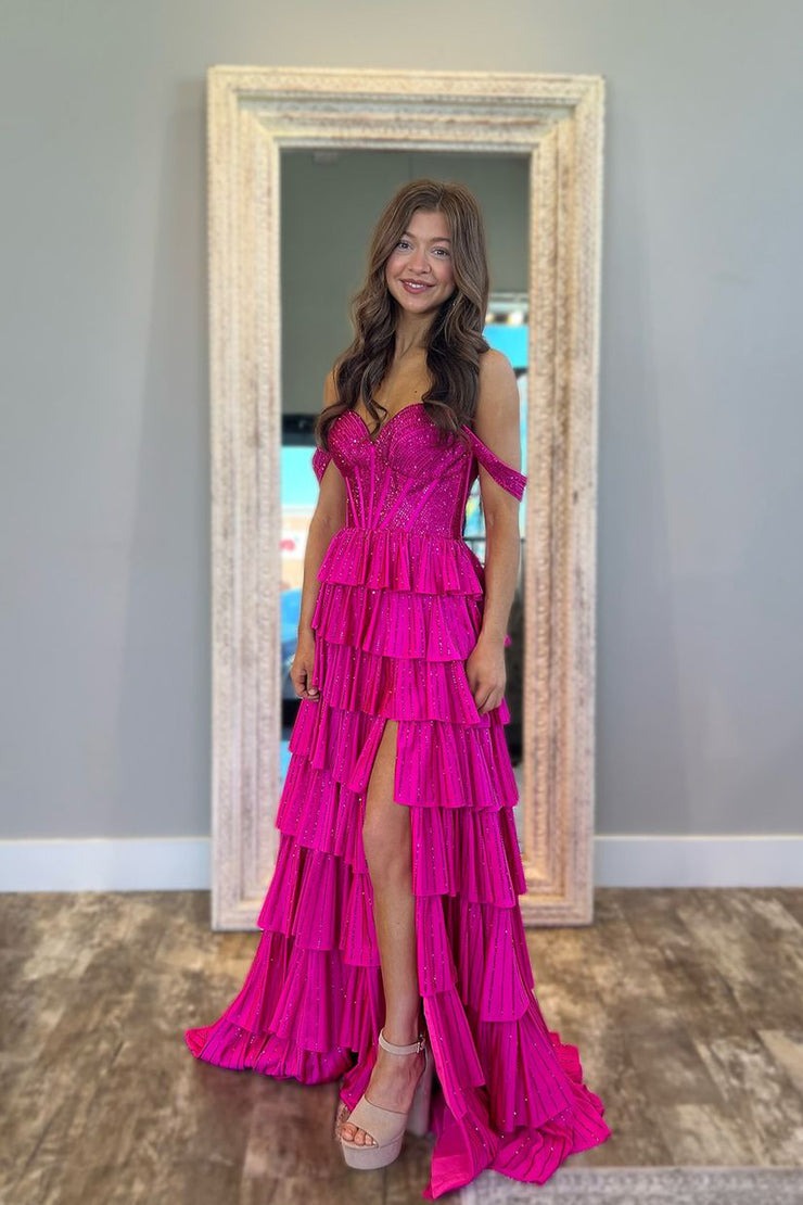 Fuchsia Glitter Satin A Line Off the Shoulder Long Prom Dress, PD25243