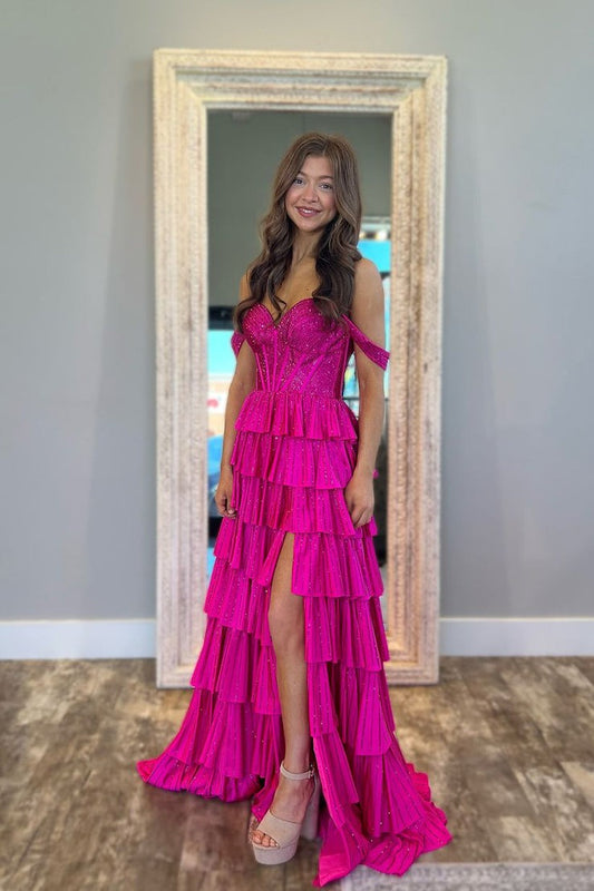 Fuchsia Glitter Satin A Line Off the Shoulder Long Prom Dress, PD25243