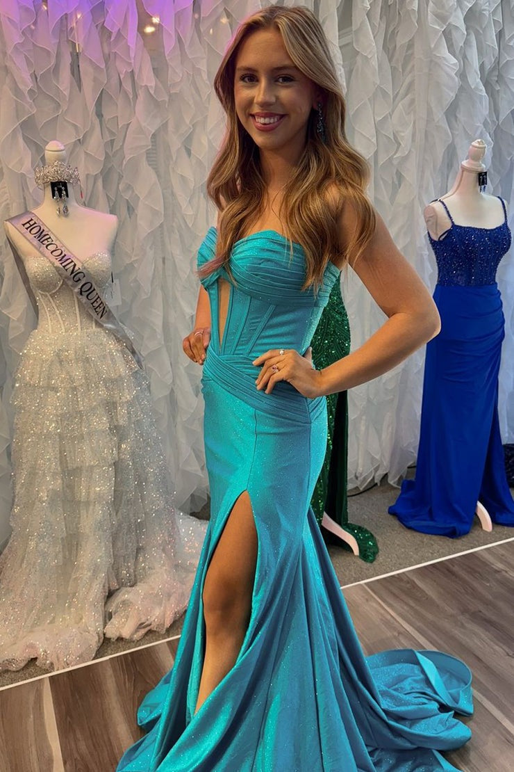 Sweetheart Mermaid Sparkly Blue Satin Long Prom Dresses with Slit, PD25060