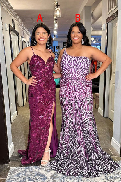 Purple Sequins One Shoulder Mermaid Long Prom Dress, PD25273