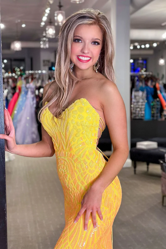 Yellow Strapless Sequin Prom Dress - Long Elegant Mermaid Evening Gown, PD2404075