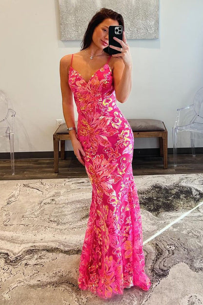 Pink V Neck Sequins Mermaid Long Prom Dress, PD25228