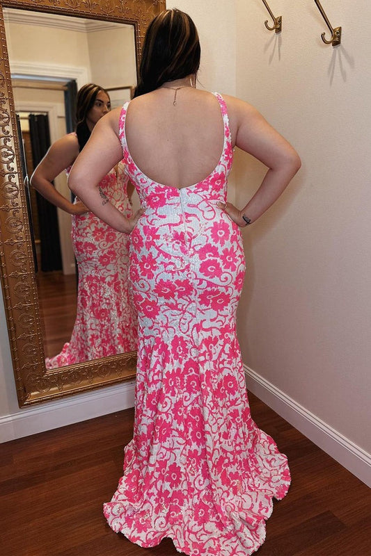 Pink V Neck Sequins Cutout Mermaid Long Prom Dress, PD25202