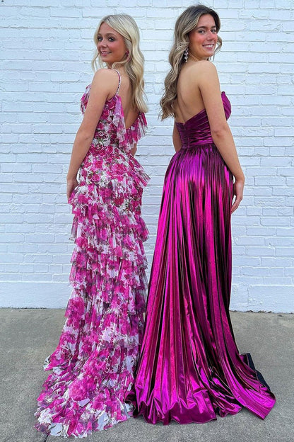 Floral Printed Pink Ruffle Mermaid Long Prom Dresses, PD25313