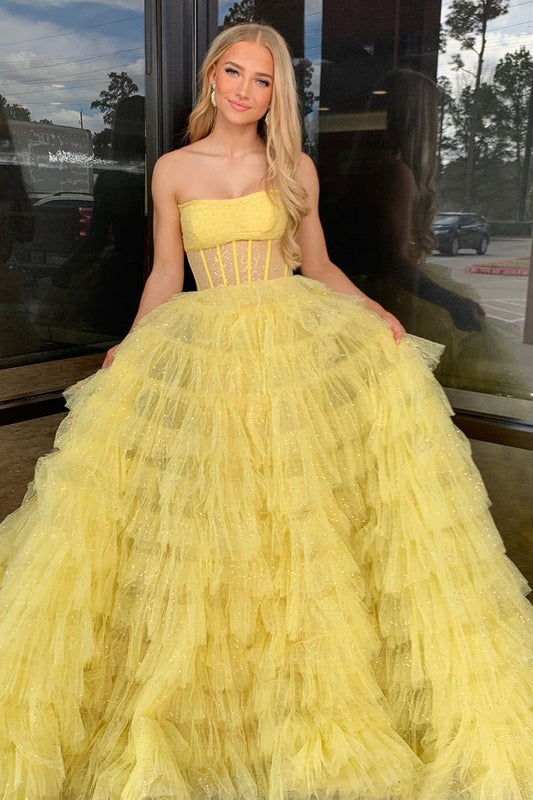 A-Line Yellow Strapless Ruffle Tiered Long Prom Dresses, PD25327