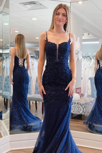 Mermaid Glitter Navy Blue Sequins Long Prom Dress with Appliques, PD25177
