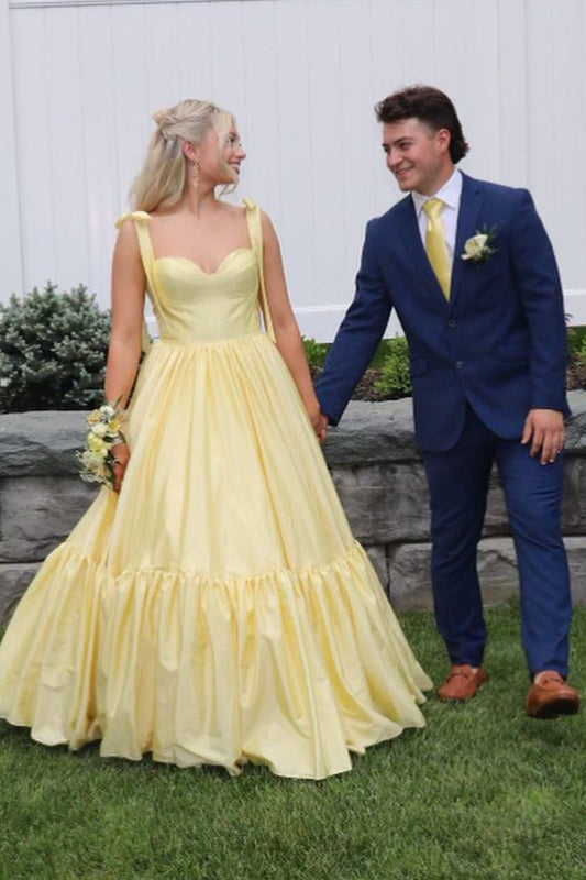 Sweetheart A Line Daffodil Satin Long Prom Dresses with Bow, PD25109