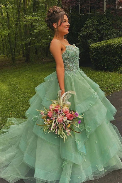 Sweetheart Ball Gown Sage Green Tulle Long Prom Dresses with Appliques, PD25049