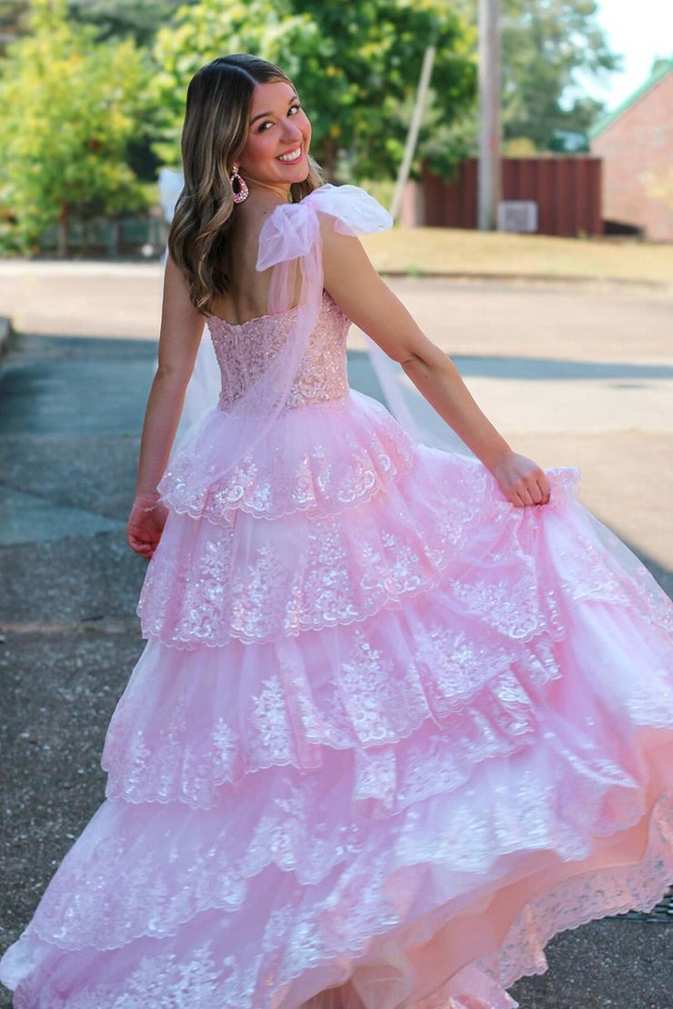V Neck A Line Pink Tulle Prom Dresses with Appliques, PD25036