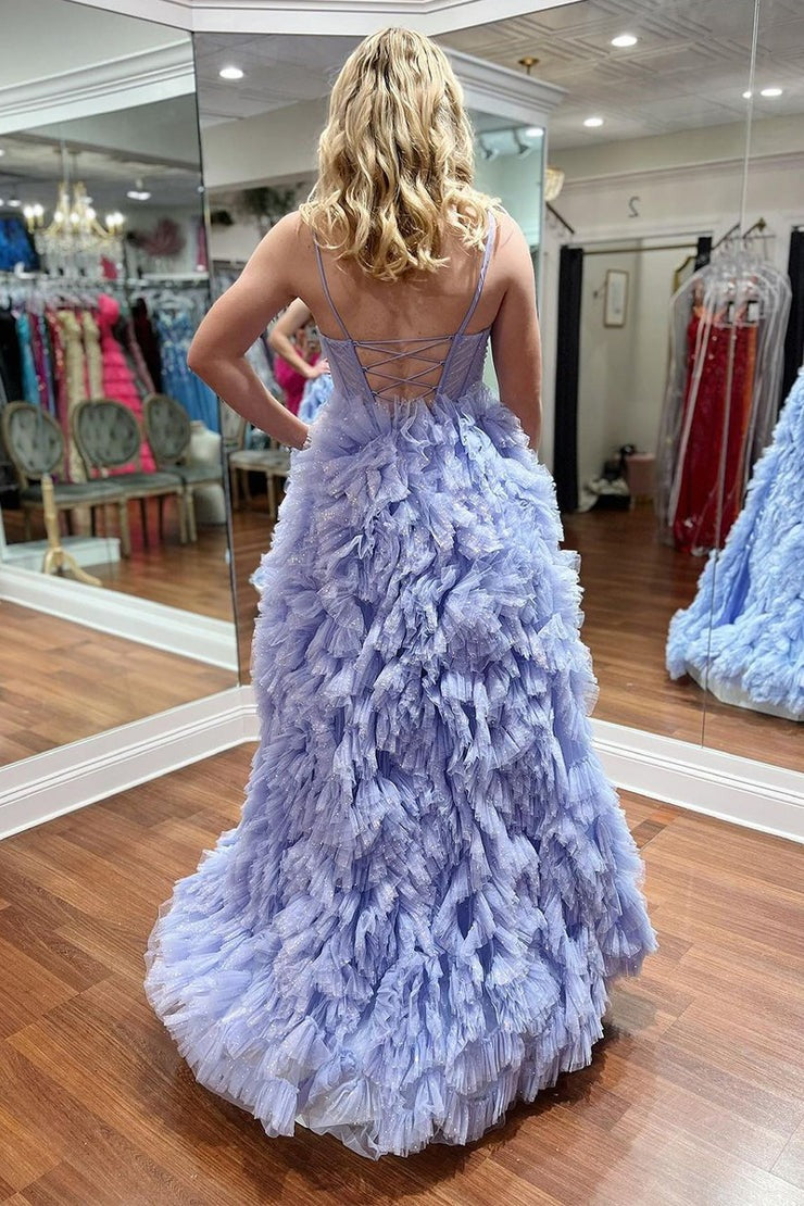 Glitter Lavender Ruffle Tiered Sweetheart Long Prom Dress with Slit, PD25323