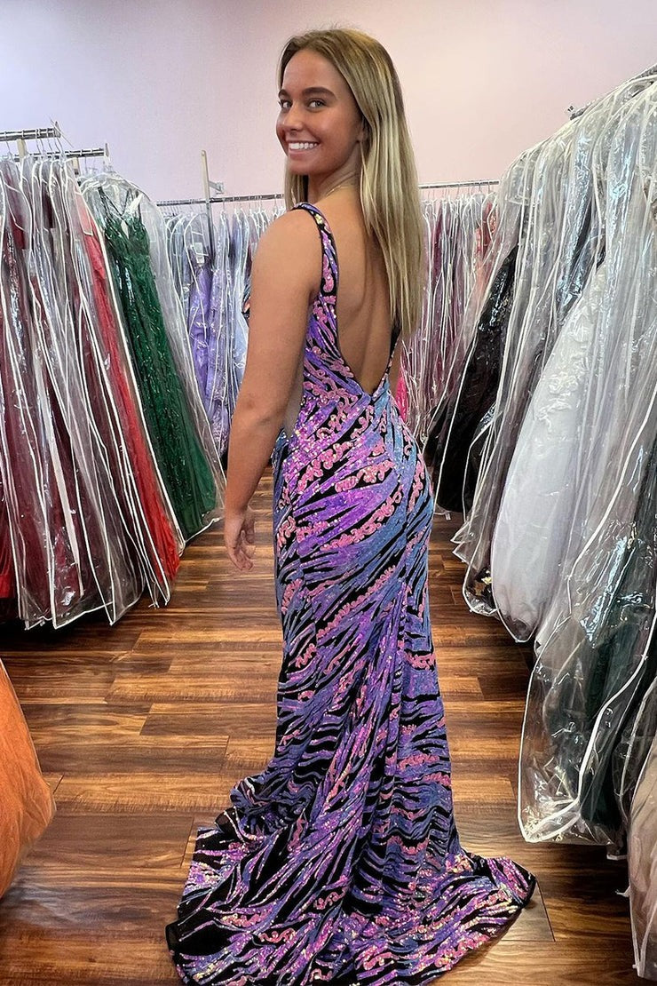 Sequins Lace Mermaid V Neck Long Prom Dress, PD25285