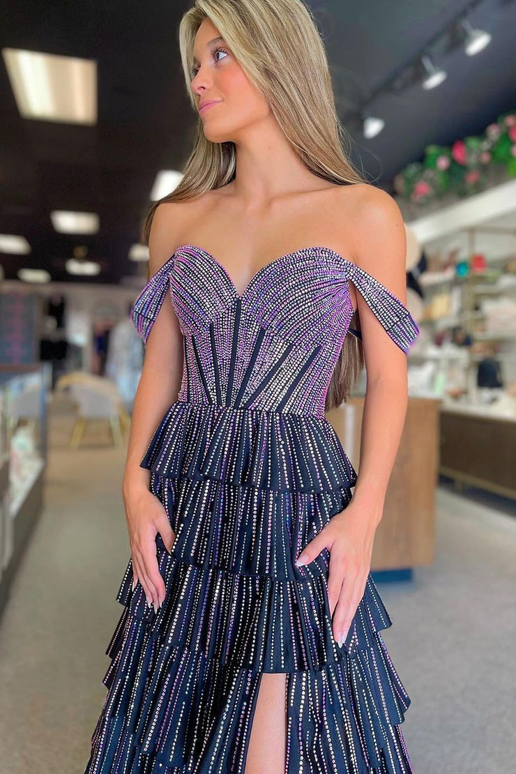 Black Pink Beading A Line Off the Shoulder Tiered Prom Dress with Slit, PD25259
