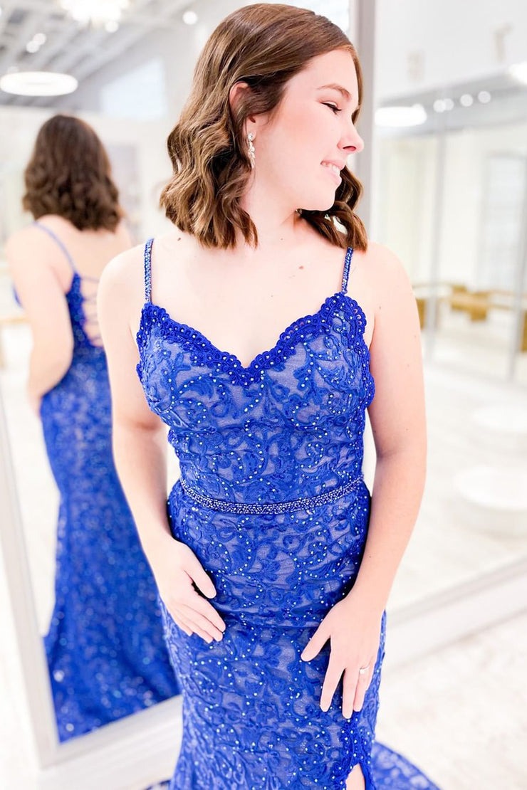 V Neck Royal Blue Lace Mermaid Long Prom Dress with Slit, PD25140