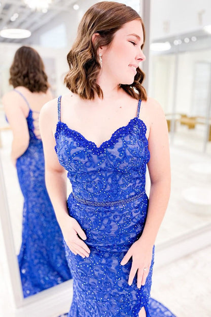 V Neck Royal Blue Lace Mermaid Long Prom Dress with Slit, PD25140