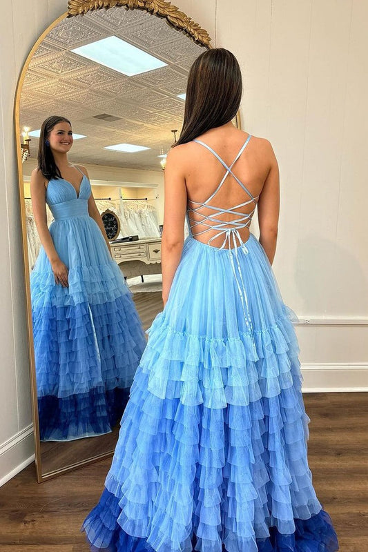 Blue Ruffle Tulle V Neck Long Prom Dress with Slit, PD25316