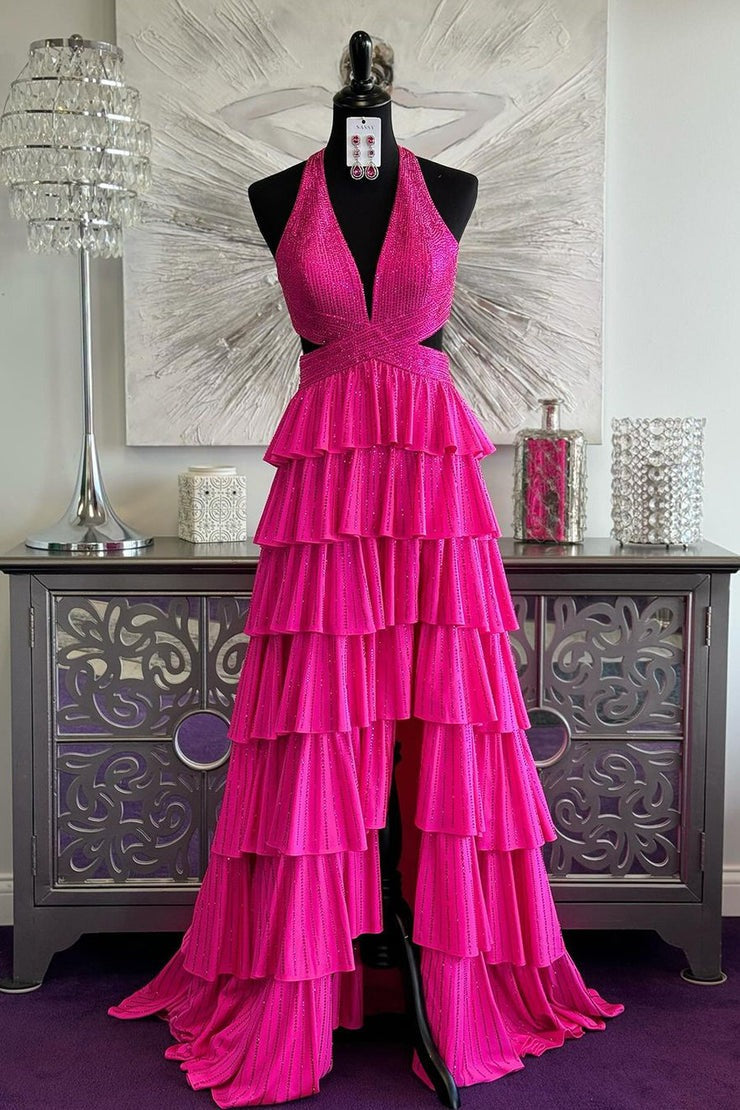 Fuchsia A Line V Neck Beading Prom Dress with Slit, PD25250