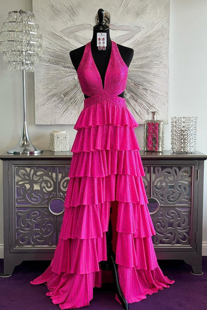 Fuchsia A Line V Neck Beading Prom Dress with Slit, PD25250