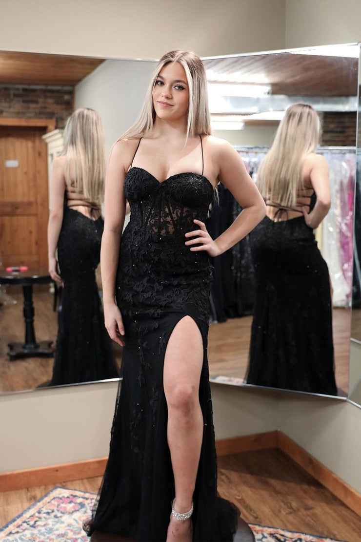 Black Mermaid Sweetheart Long Prom Dress with Slit, PD25300