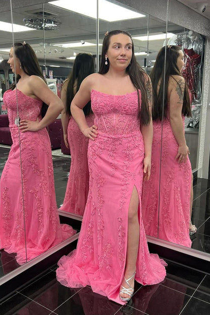 Pink Tulle Mermaid Strapless Long Prom Dress with Appliques, PD25315