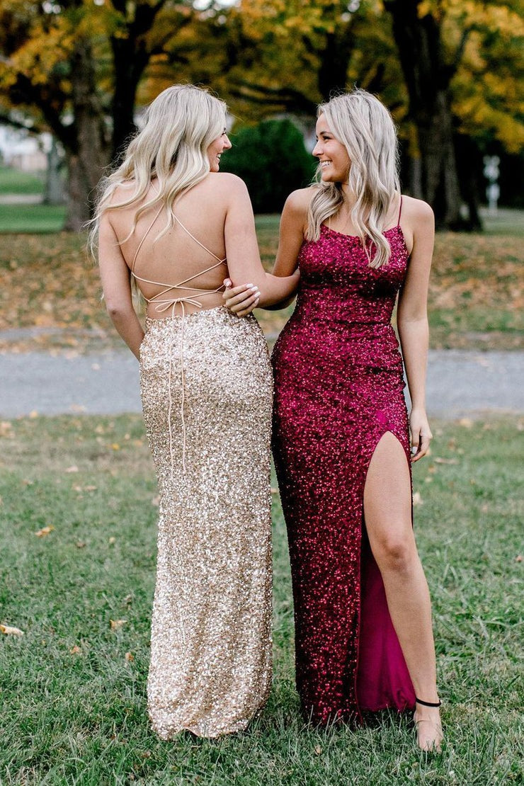 Scoop Neck Mermaid Burgundy Sequins Long Prom Dress with Slit, PD25127
