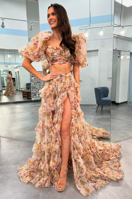 Floral Printed Two Piece Ruffle Tiered Long Prom Dresses, PD25107