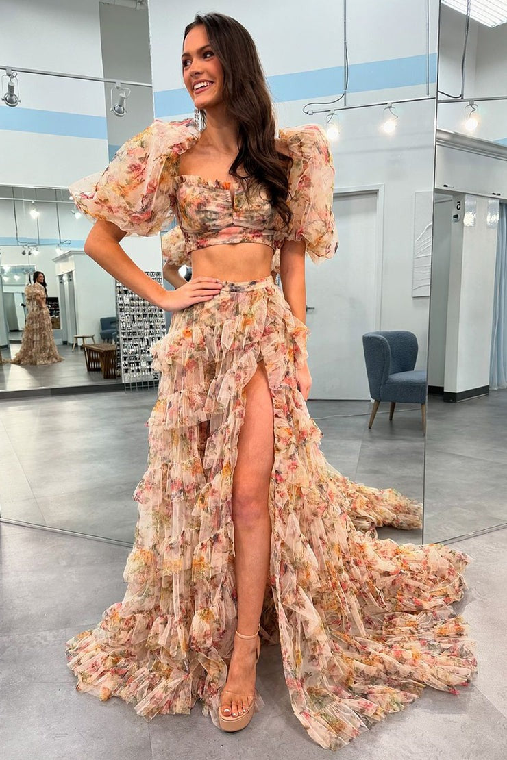 Floral Printed Two Piece Ruffle Tiered Long Prom Dresses, PD25107