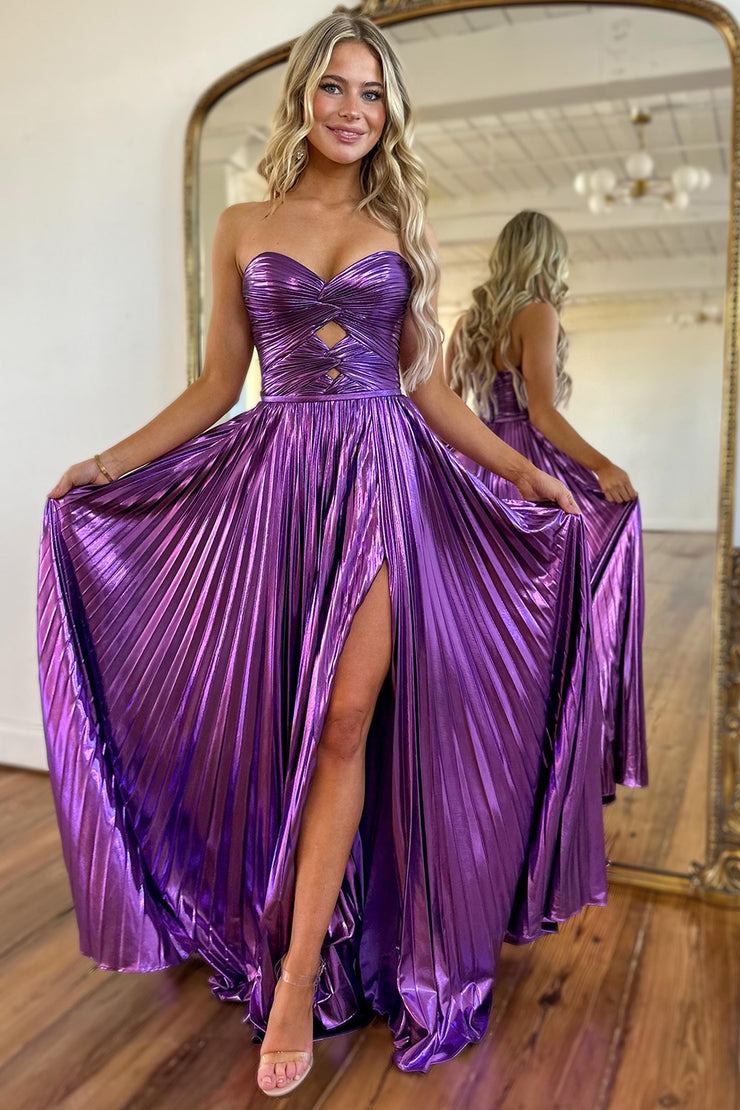 A Line Purple Sweetheart Long Prom Dresses with Slit, PD25012
