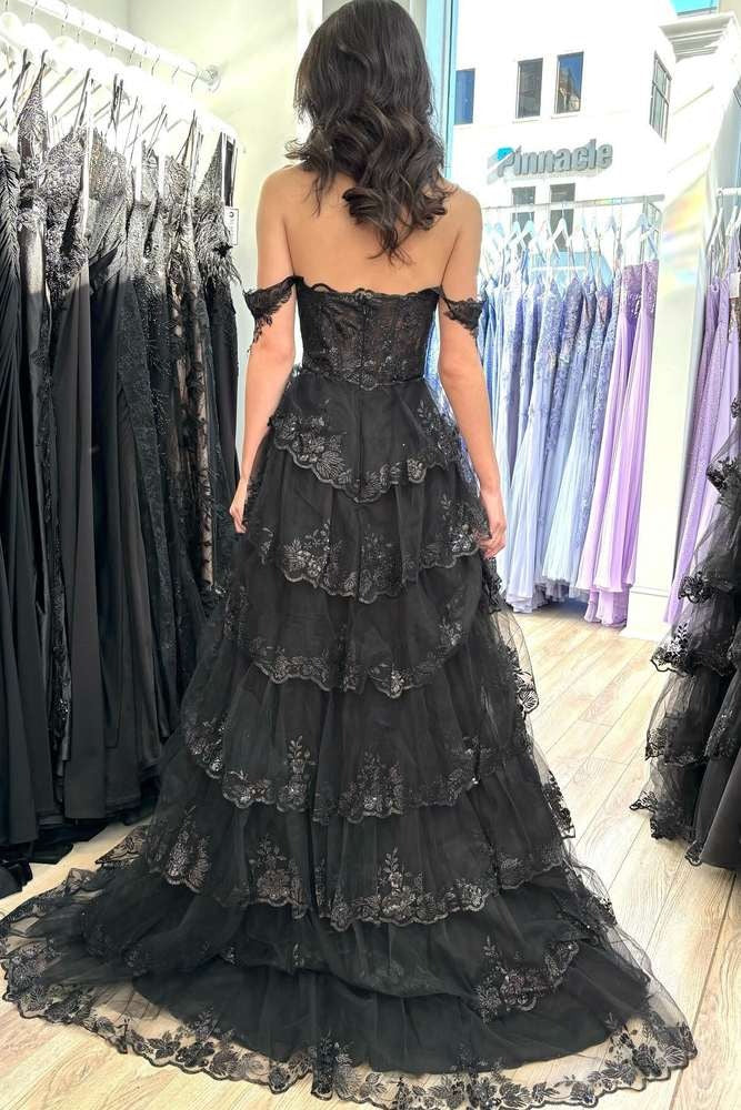 Off the Shoulder Black Lace Applique Tiered Prom Dress with High Slit, PD25151