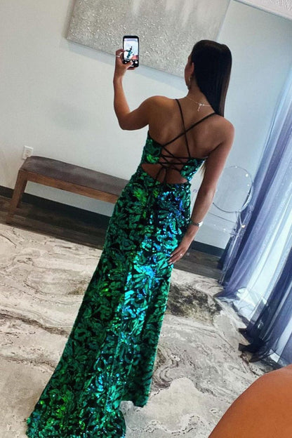 V Neck Green Sequins Lace Mermaid Long Prom Dress with Slit, PD25081